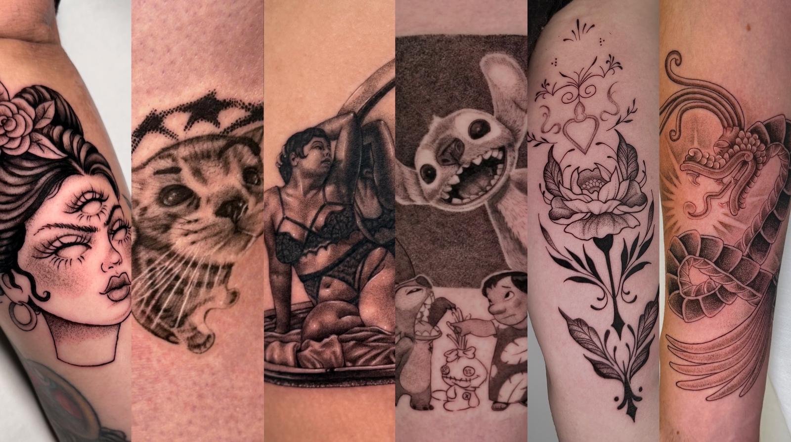 Floral tattoo. ornamental tattoo. micro surrealism tattoo. micro realism tattoo. character tattoo. aztec tattoo. black and gray tattoo.